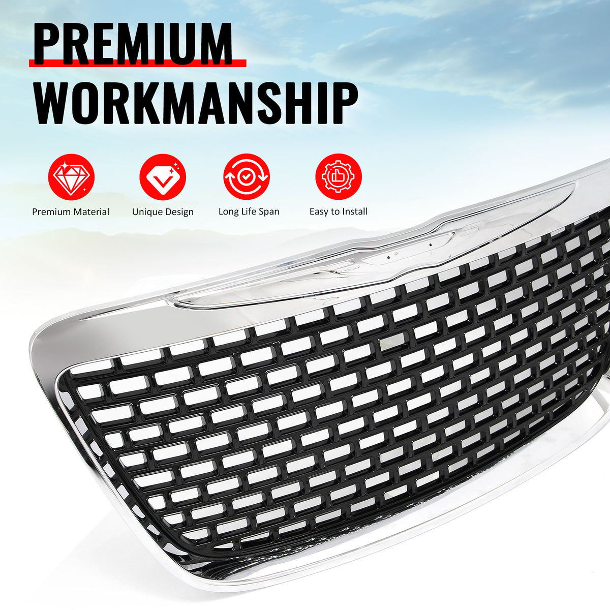 Fits 11-14 Chrysler 300 SRT8 Style Front Upper Grille Chrome& Gloss Black ABS