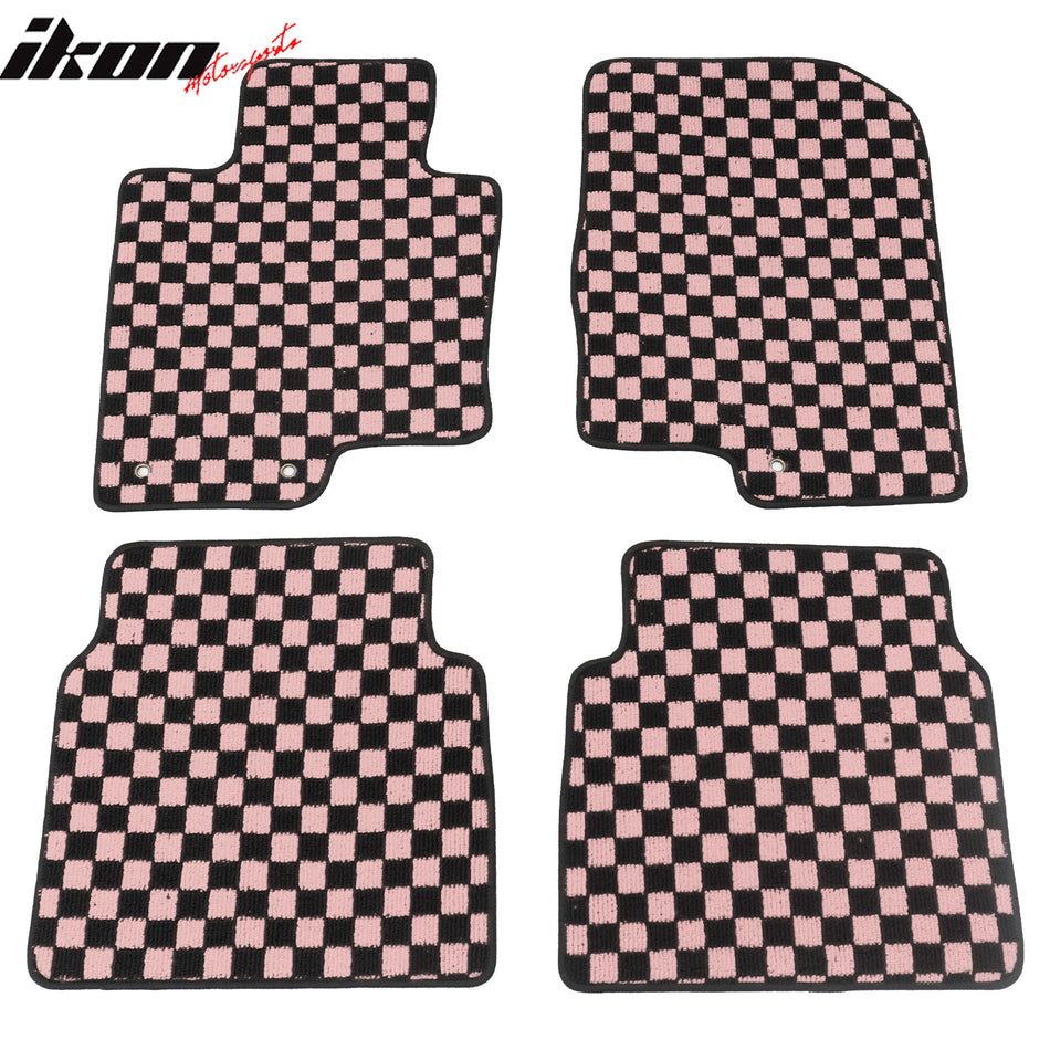 Front Rear Full Set Waterproof Floor Mats for Hyundai Sonata 2011-2014 Black Pink Plaid Checkered Carpets PP & Loop Pile Surface & TPE Backing 4PCS