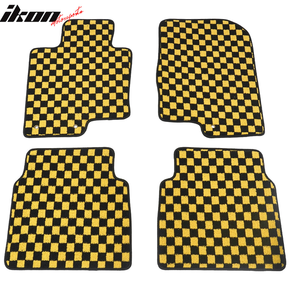 Front Rear Full Set Waterproof Floor Mats for Hyundai Sonata 2011-2014 Black Yellow Plaid Checkered Carpets PP & Loop Pile Surface & TPE Backing 4PCS