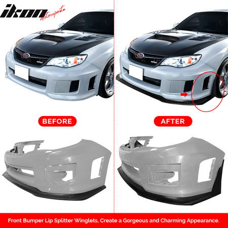 IKON MOTORSPORTS, Front Lip Splitter Winglets Compatible With 2011-2014 Subaru WRX STI, 2PCS Front Bumper Chin Winglets PU Poly Urethane Unpainted Black Ikon V6 Style, 2012 2013