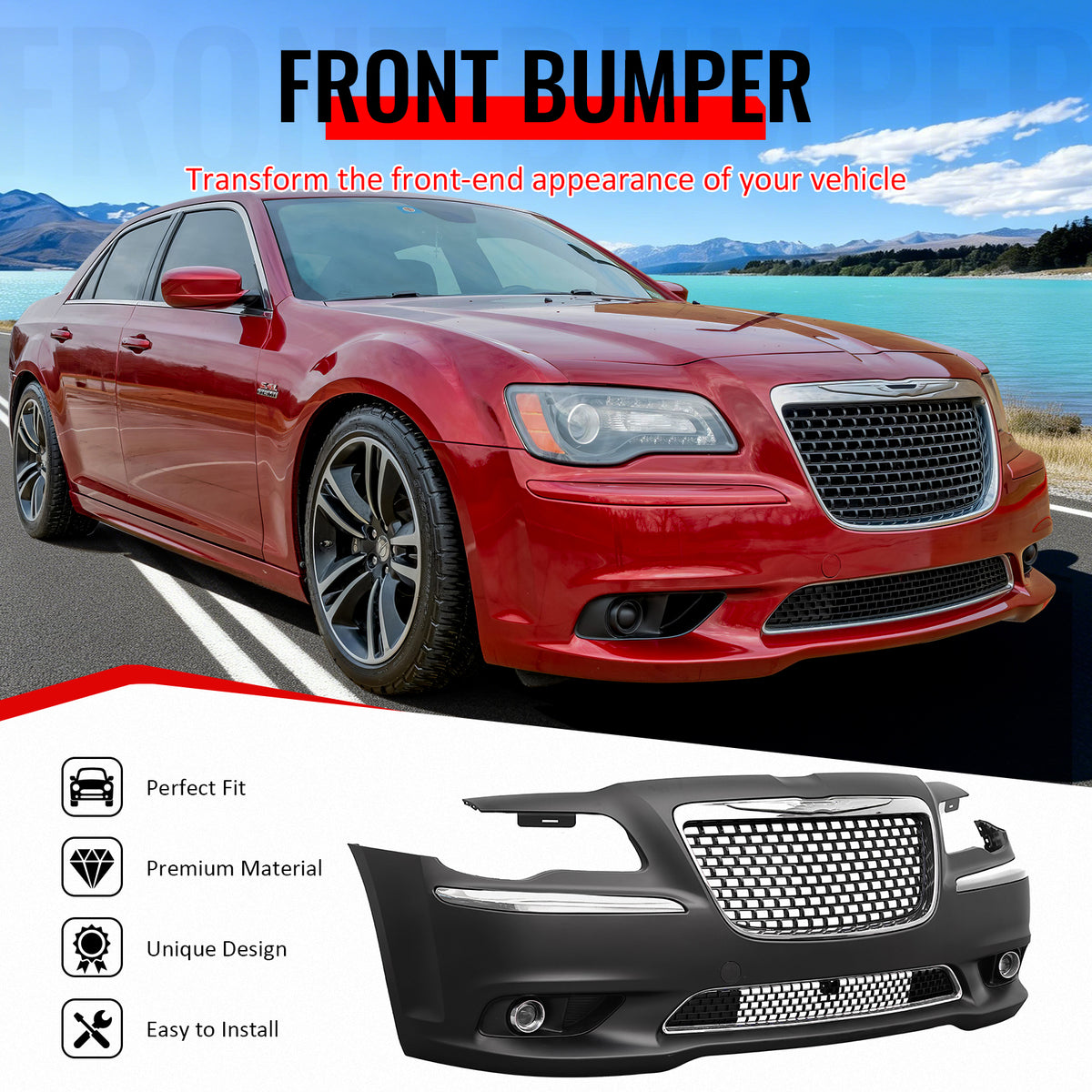 IKON MOTORSPORTS Front Bumper Cover, Compatible with 2011-2014 Chrysler 300, SRT8 Style Unpainted Black PP Replacement Bumper Conversion Bodykit with Chrome& Gloss Black Upper Lower Grille, Fog Lights