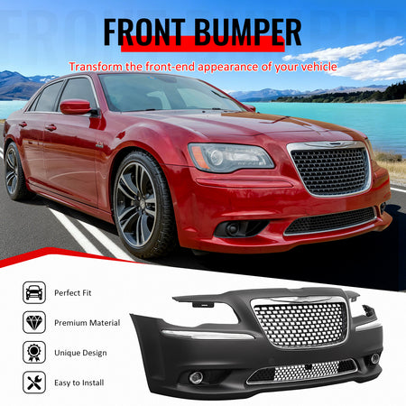 IKON MOTORSPORTS Front Bumper Cover, Compatible with 2011-2014 Chrysler 300, SRT8 Style Unpainted Black PP Replacement Bumper Conversion Bodykit with Chrome& Gloss Black Upper Lower Grille, Fog Lights