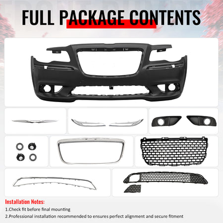 Fits 11-14 Chrysler 300 SRT8 Style Front Bumper w/ Chrome& Gloss Black Grille