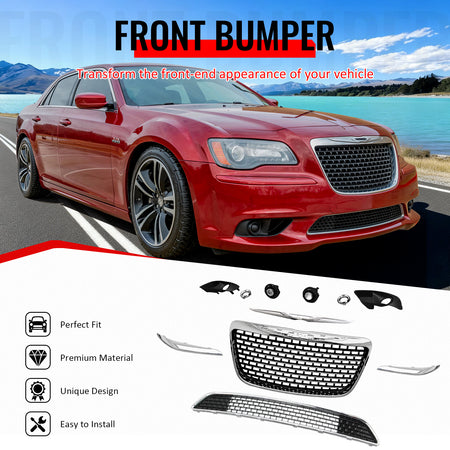 IKON MOTORSPORTS Front Bumper Grille w/ Fog Lights, Compatible with 2011-2014 Chrysler 300 SRT8, SRT8 Style Chrome & Gloss Black ABS Replacement Bumper Upper Lower Grill Assembly Foglights Covers