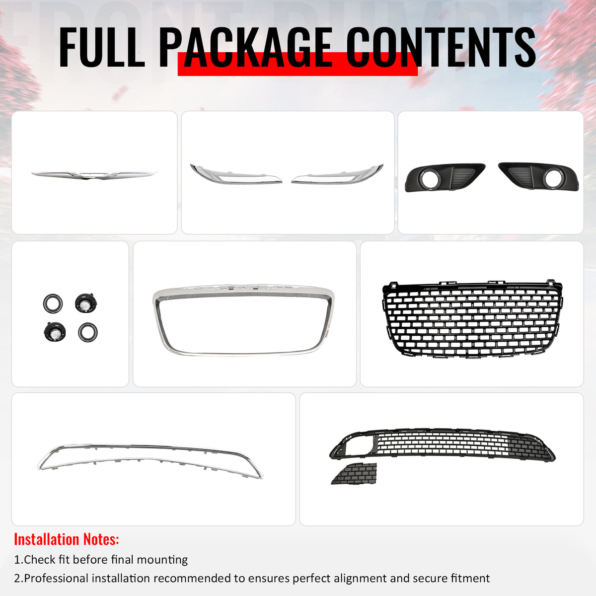 Fits 11-14 Chrysler 300 SRT8 Chrome& Gloss Black Front Grilles w/ Fog Lights