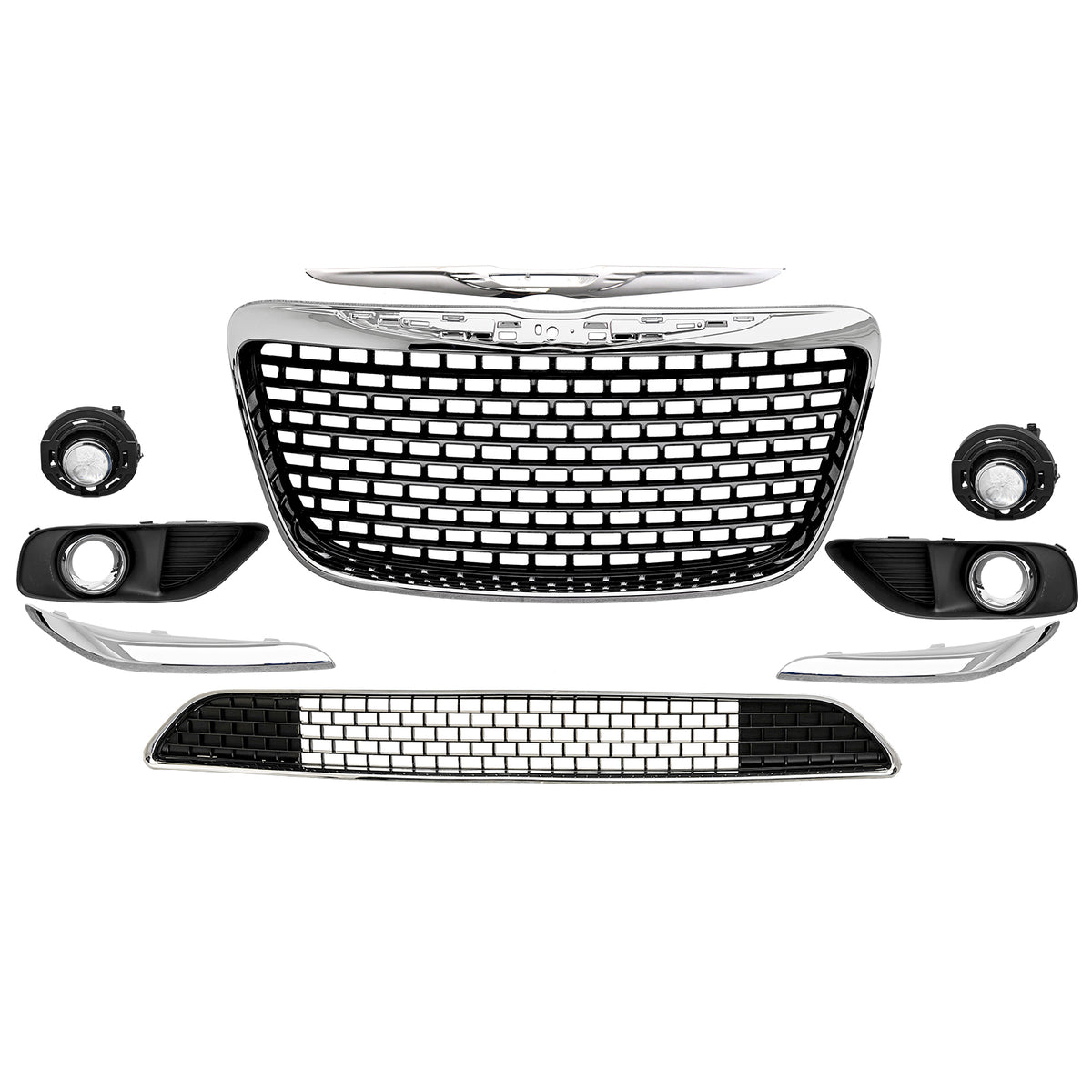 Fits 11-14 Chrysler 300 SRT8 Chrome& Gloss Black Front Grilles w/ Fog Lights