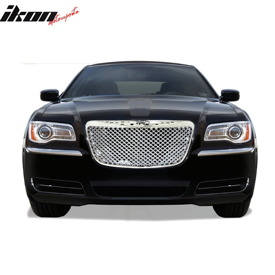IKON MOTORSPORTS Front Bumper Grille, Compatible with 2011-2014 Chrysler 300C, Mesh Style Chrome Frame, Black Mesh ABS Replacement Front Bumper Grill Assembly, 1PCS