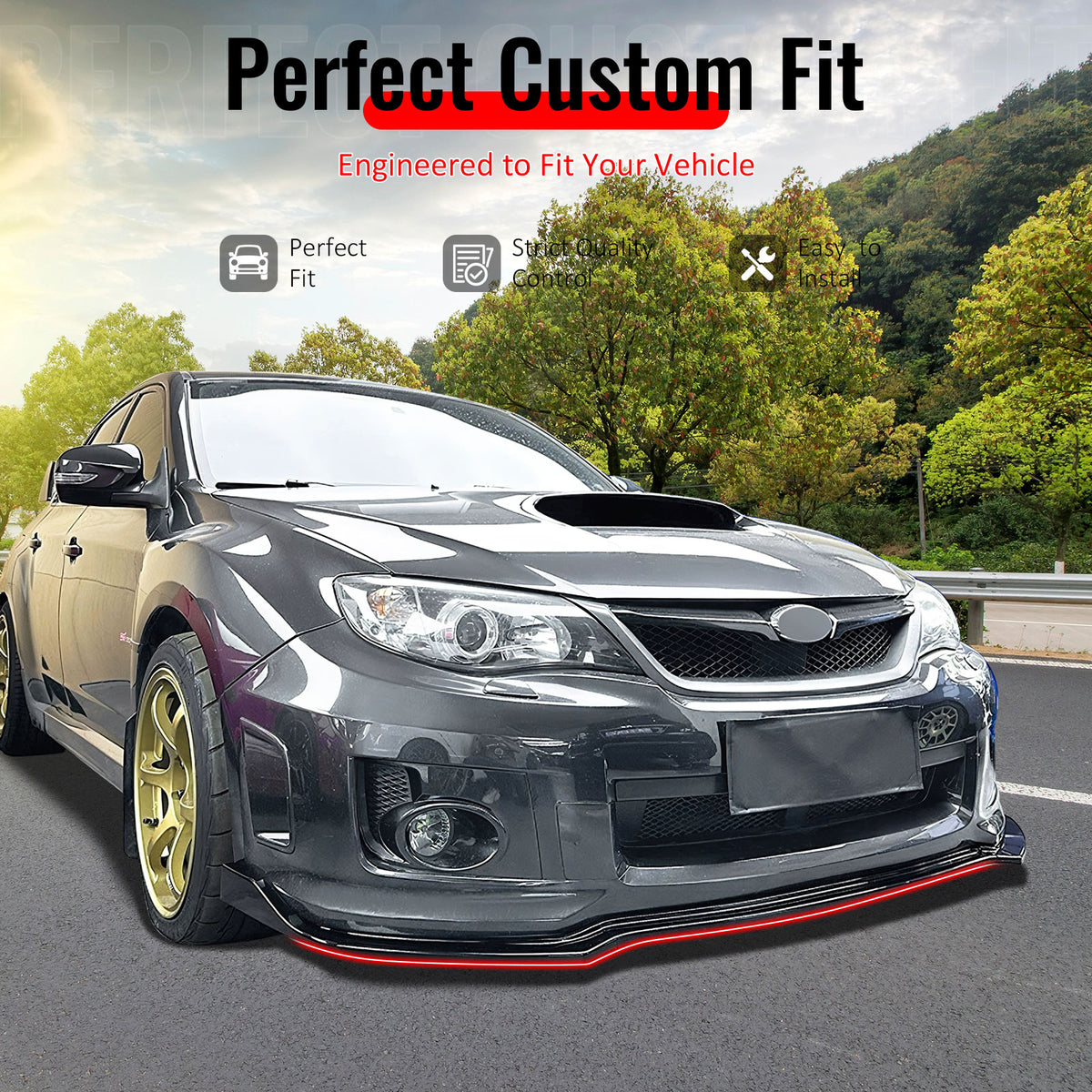 IKON MOTORSPORTS Front Bumper Lip, Compatible with Fits 2011-2014 Subaru Impreza WRX STI, IKON Style Gloss Black PP Injection Added-on Air Dam Chin Spoiler Protector Splitter 3PCS