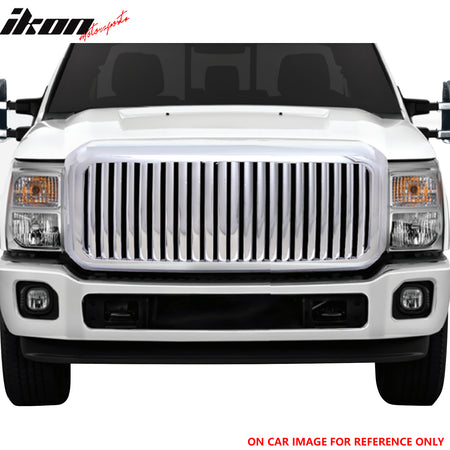 IKON MOTORSPORTS Front Upper Grille, Compatible with 2011-2015 Ford F-250 Super Duty/F-350, Vertical Style Black ABS Plastic Replacement Front Bumper Hood Grill 1PC