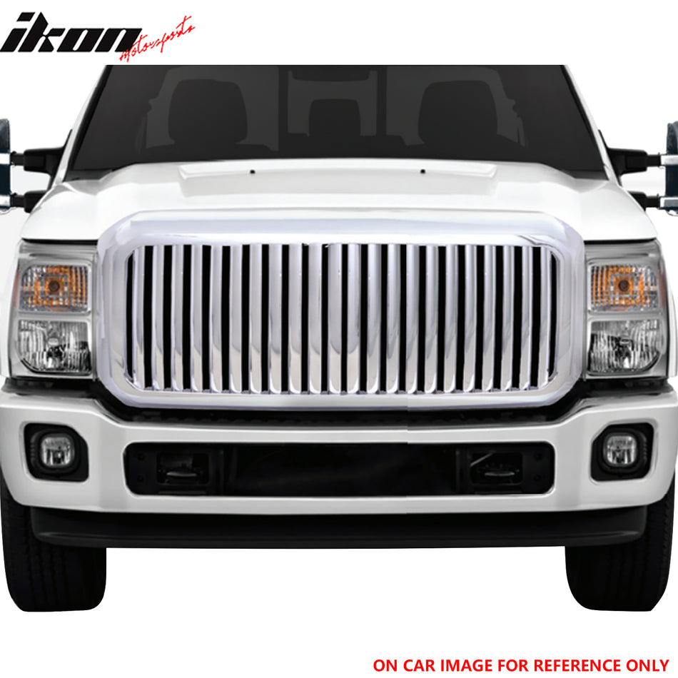IKON MOTORSPORTS Front Upper Grille, Compatible with 2011-2015 Ford F-250 Super Duty/F-350, Vertical Style Black ABS Plastic Replacement Front Bumper Hood Grill 1PC