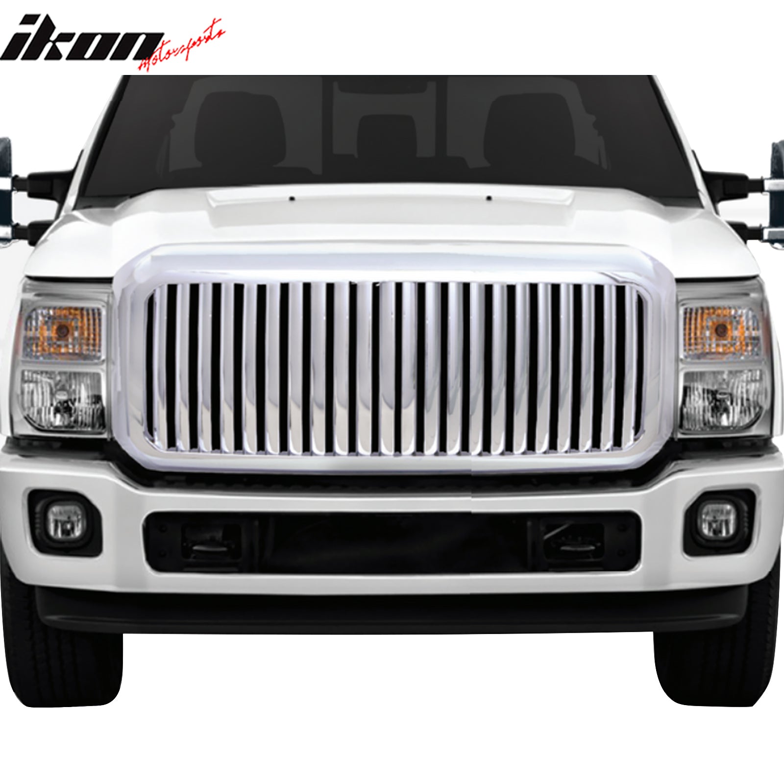 IKON MOTORSPORTS Front Upper Grille, Compatible with 2011-2015 Ford F-250 Super Duty/F-350, Vertical Style Chrome ABS Plastic Replacement Front Bumper Hood Grill 1PC