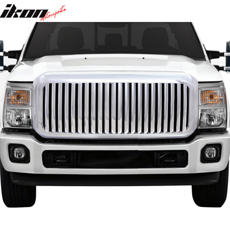 IKON MOTORSPORTS Front Upper Grille, Compatible with 2011-2015 Ford F-250 Super Duty/F-350, Vertical Style Chrome ABS Plastic Replacement Front Bumper Hood Grill 1PC