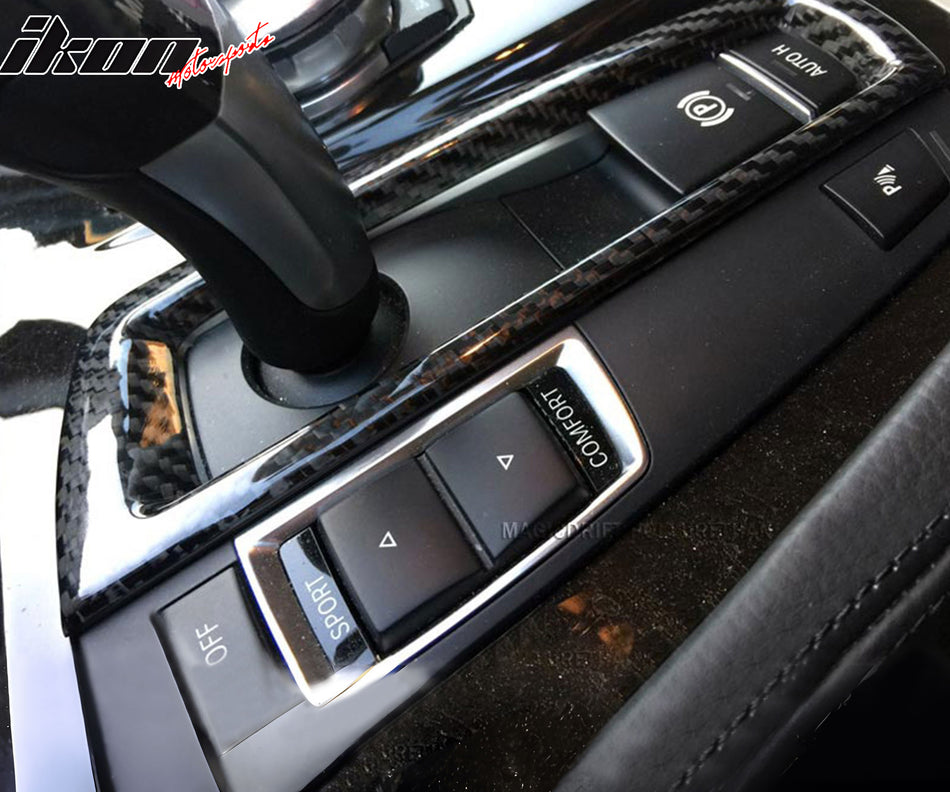 IKON MOTORSPORTS Shifter Cover Compatible With 2011-2016 BMW F10 F11 5-Series, Real Carbon Fiber Gloss Black Interior Front Gear Shift Shifter Surround Frame Cover Trim