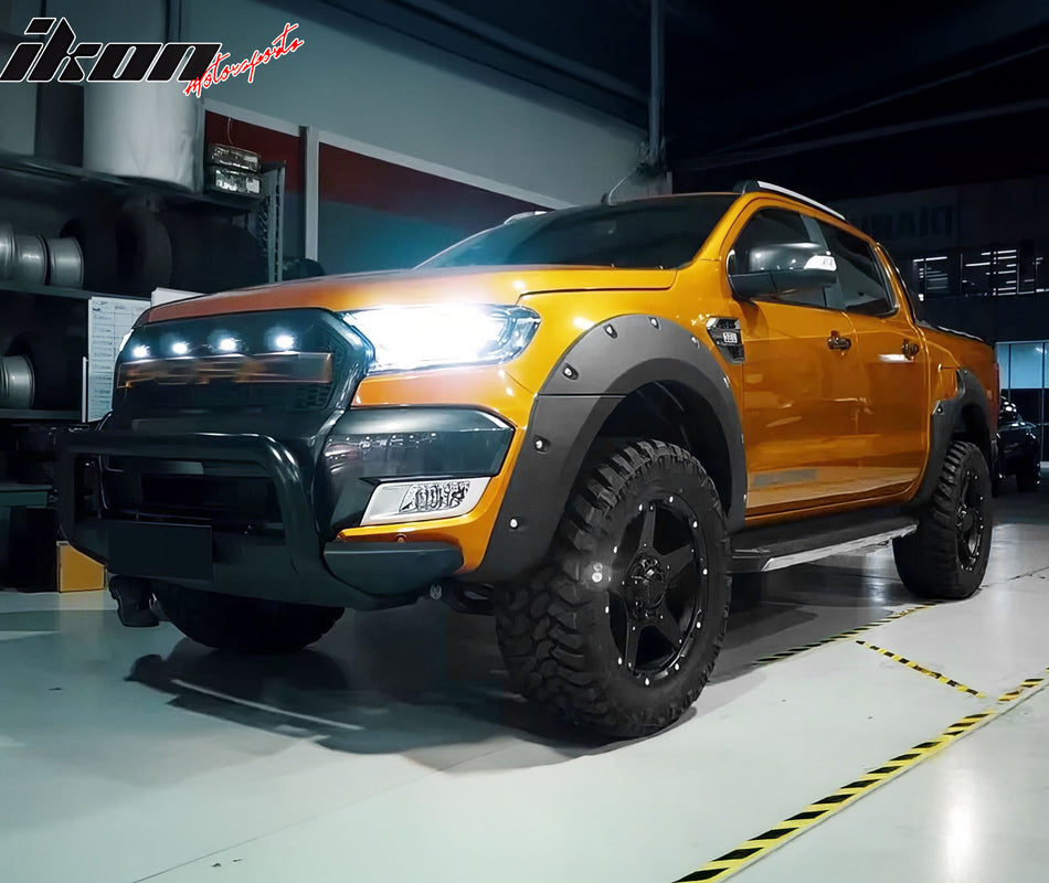 IKON MOTORSPORTS Fender Flares Compatible with 2011-2016 Ford Ranger T6 XL XLT, Pocket Style Smooth Black Wheel Flare Cover Protector Set, 4 Pcs, Front & Rear