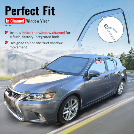IKON MOTORSPORTS In Channel Window Visors Compatible with 2011-2017 Lexus CT200h, In Channel Style Injection PC Black Rain Guards, Side Window Wind Deflectors 4PCS