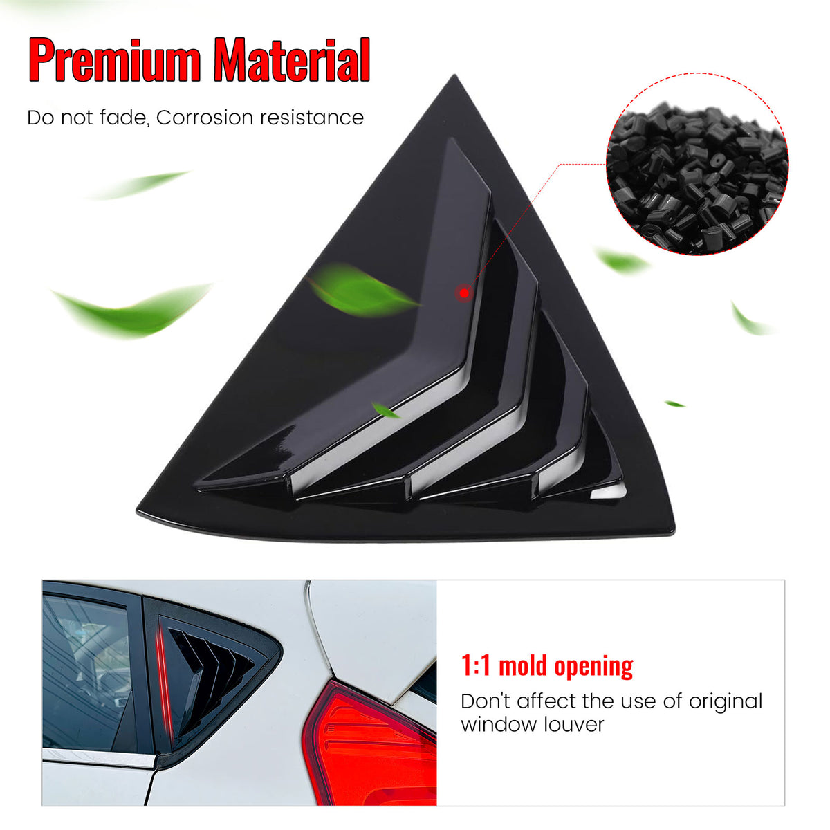 Fits 11-19 Ford Fiesta Hatchback Rear Side Window Louvers Scoop Vent Gloss Black