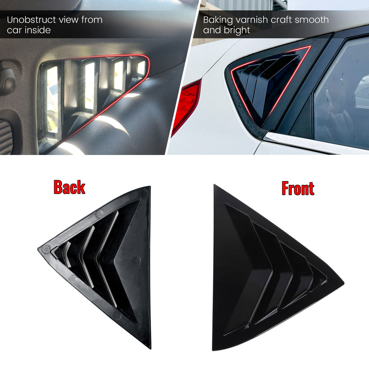 Fits 11-19 Ford Fiesta Hatchback Rear Side Window Louvers Scoop Vent Gloss Black