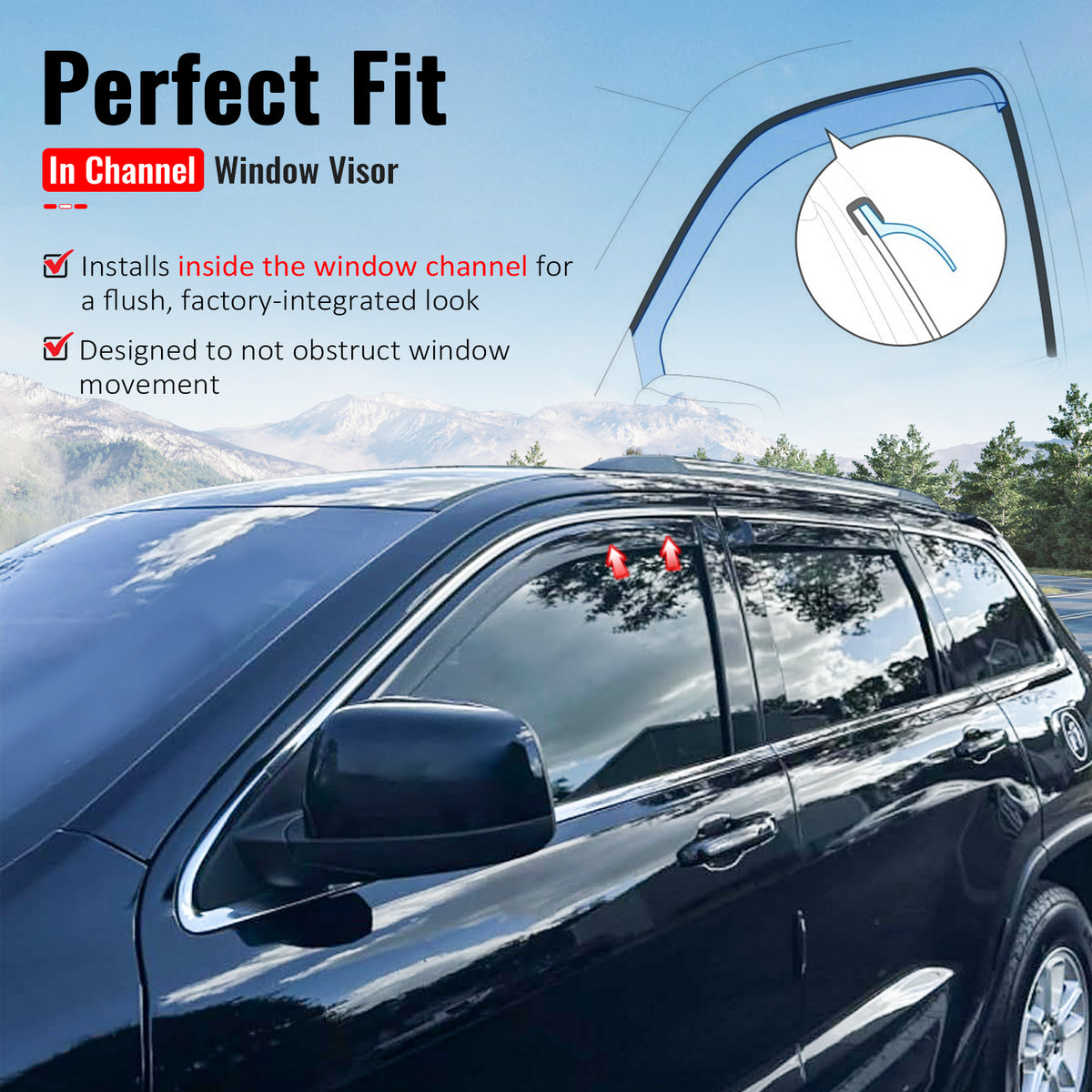 IKON MOTORSPORTS In Channel Window Visors Compatible with 2011-2021 Jeep Grand Cherokee & 2022 Grand Cherokee WK, In Channel Style Injection PC Black Rain Guards, Side Window Wind Deflectors 4PCS