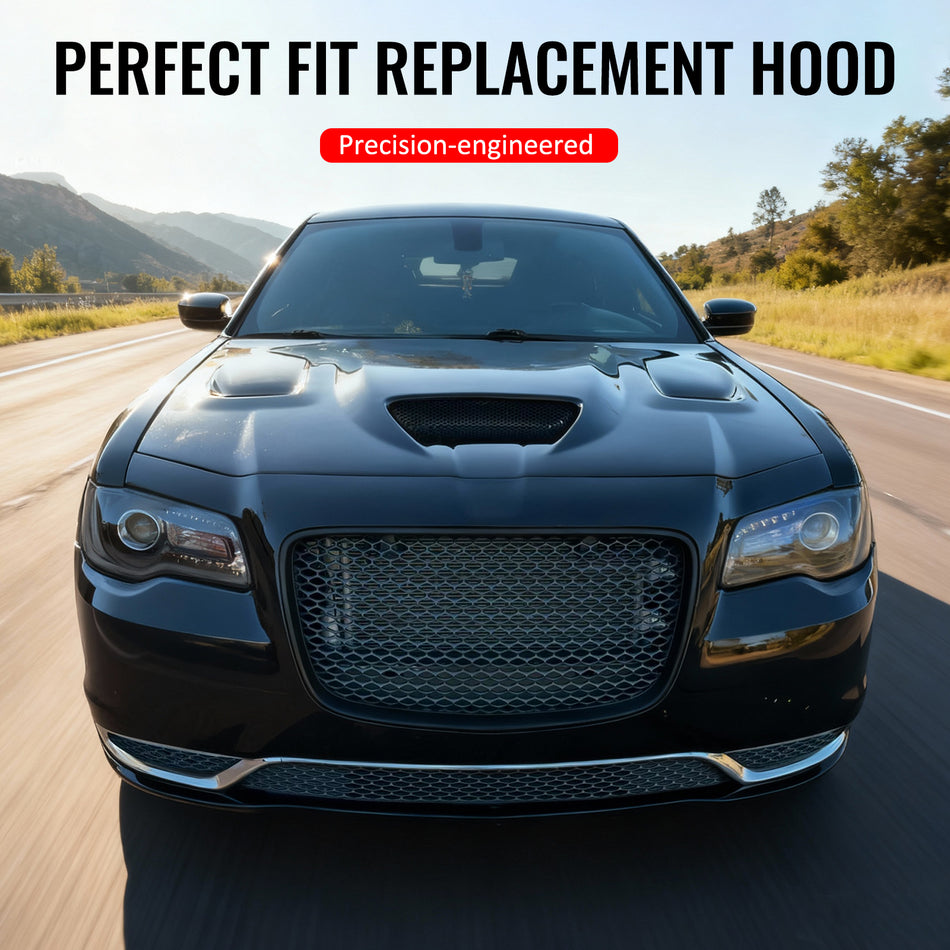 IKON MOTORSPORTS Hood Panel, Compatible with 2011-2023 Chrysler 300 All Models, SRT Hellcat Style Aluminum Black Front Bumper Hood Engine Bonnet Cover Replacement