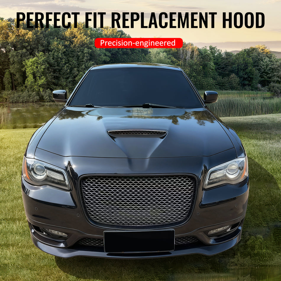 IKON MOTORSPORTS Hood Panel, Compatible with 2011-2023 Chrysler 300 All Models, Type SRT Style Aluminum Black Front Bumper Hood Engine Bonnet Cover Replacement
