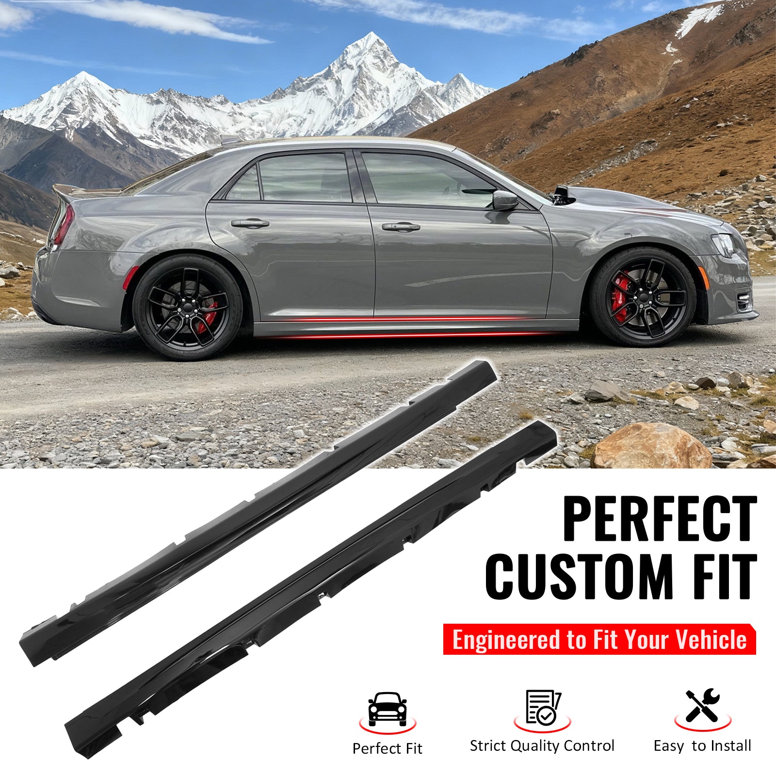 IKON MOTORSPORTS, Side Skirts Extension Compatible with Fits 2011-2023 Chrysler 300 All Models, SRT Style PP Gloss Black Rocker Panel Splitter Side Underbody Spoiler 2PCS