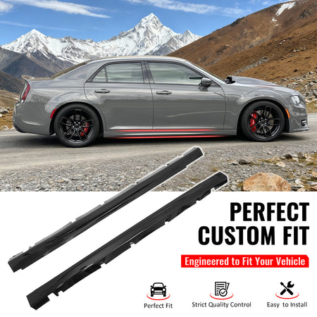IKON MOTORSPORTS, Side Skirts Extension Compatible with Fits 2011-2023 Chrysler 300 All Models, SRT Style PP Gloss Black Rocker Panel Splitter Side Underbody Spoiler 2PCS