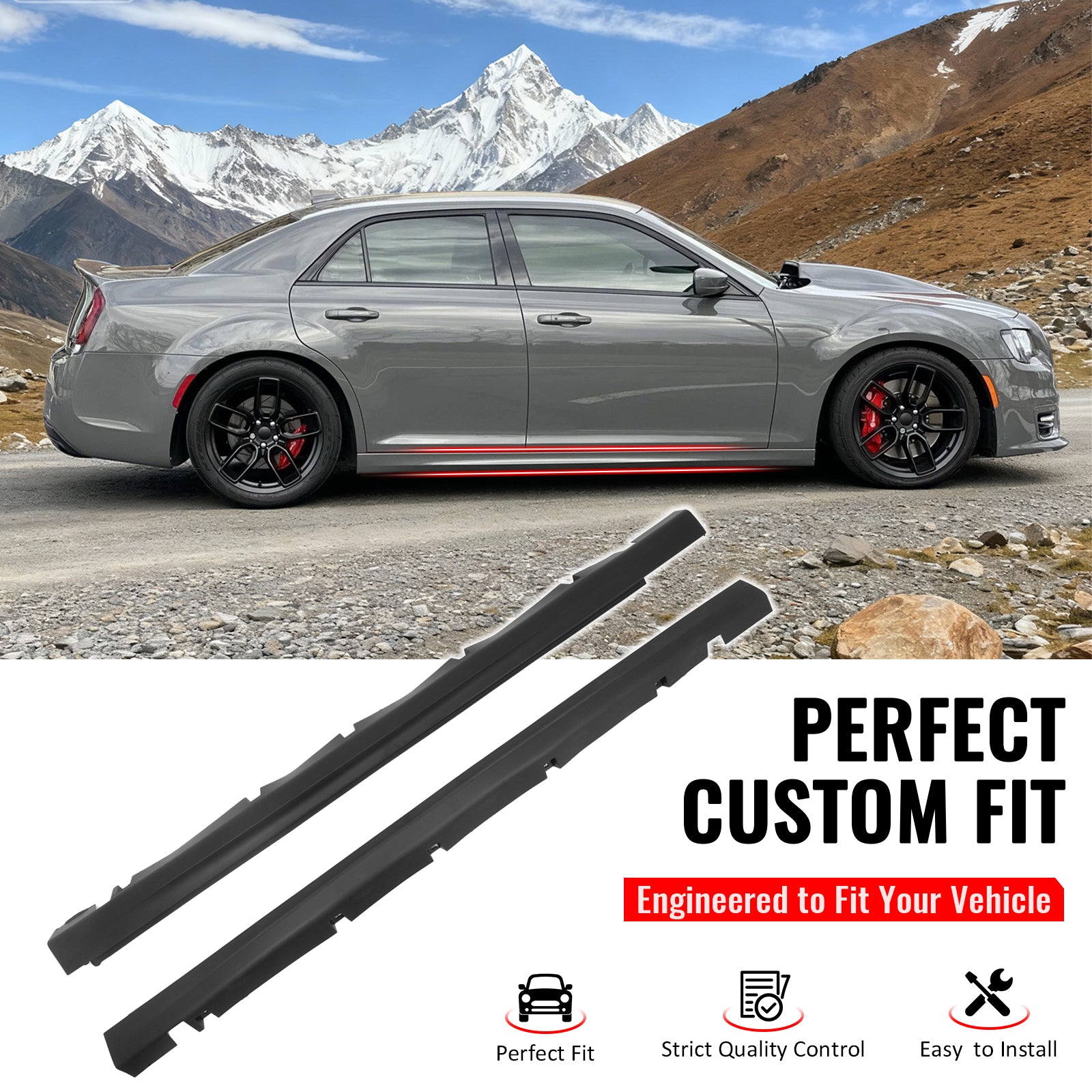 IKON MOTORSPORTS, Side Skirts Extension Compatible with Fits 2011-2023 Chrysler 300 All Models, SRT Style PP Matte Black Rocker Panel Splitter Side Underbody Spoiler 2PCS