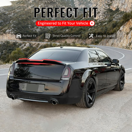 IKON MOTORSPORTS, Trunk Spoiler Compatible with 2011-2023 Chrysler 300 All Models, M Style Carbon Fiber Print ABS Blow Molding Add-on Rear Trunk Lid Spoiler Wing Lip 1Piece