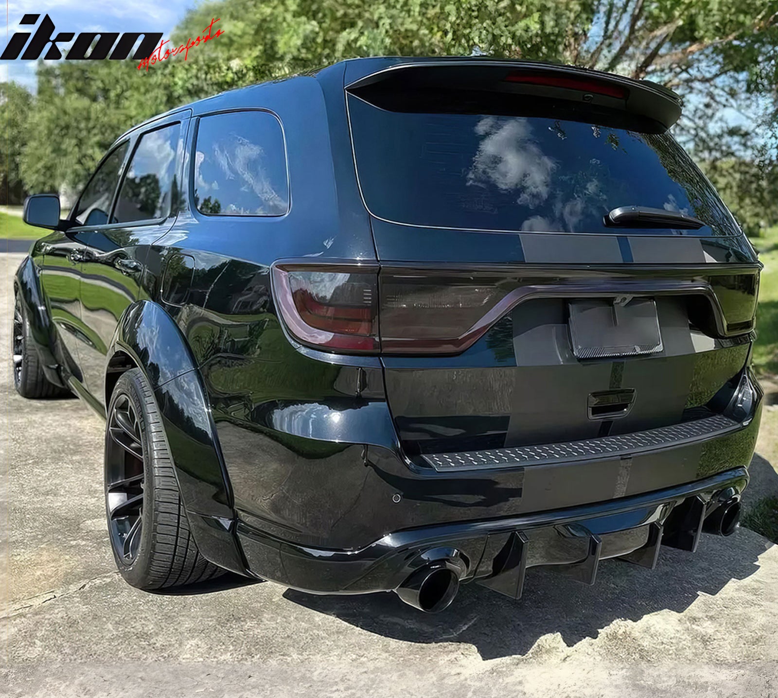 IKON MOTORSPORTS Rear Diffuser, Compatible with 2011-2025 Dodge Durango, IKON V2 Style Gloss Black PP Polypropylene Shark Fin Rear Bumper Valance Spoiler, Air Dam Chin Splitter Molding 5PCS