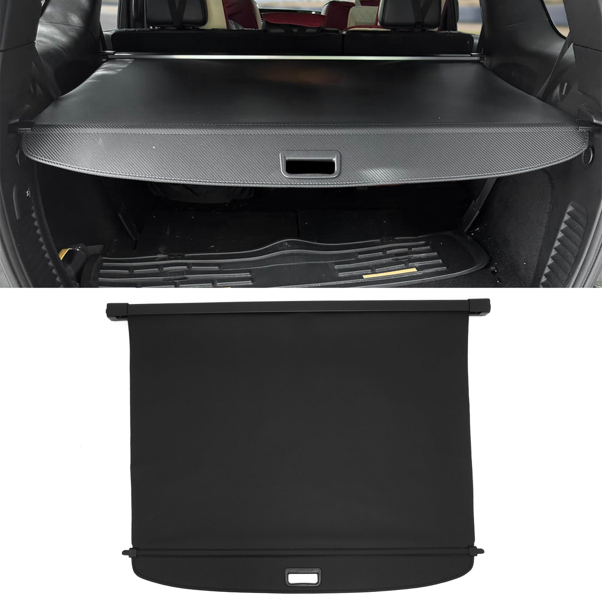 IKON MOTORSPORTS, Rear Retractable Cargo Cover, Compatible with 2011-2026 Dodge Durango (For the 2nd-Row, Not Fit R/T), ABS Aluminum Vinyl Trunk Security Luggage Shield Shade, Carbon Fiber Texture