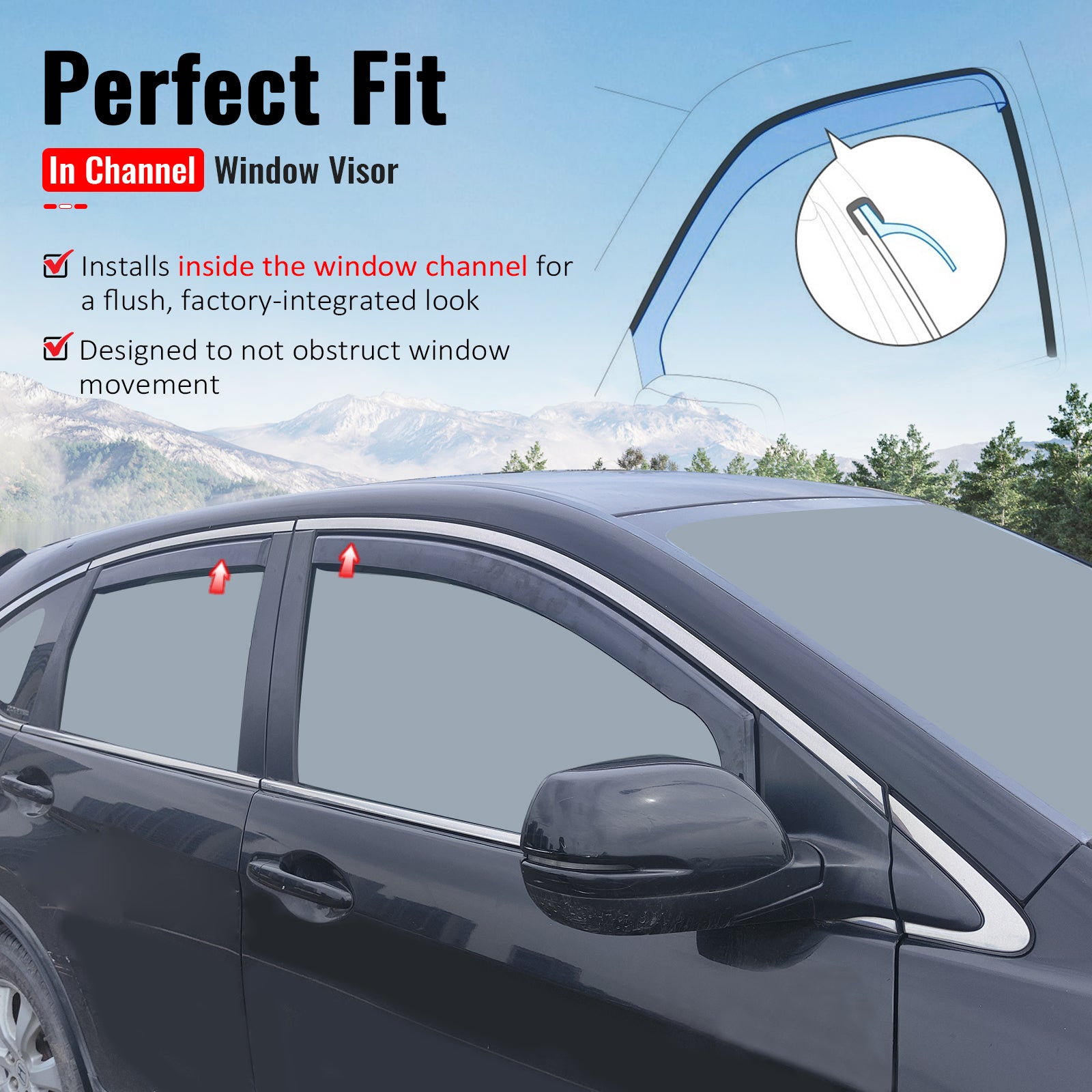 IKON MOTORSPORTS In Channel Window Visors Compatible with 2012-2016 Honda CR-V All Models, In Channel Style Injection PC Black Rain Guards, Side Window Wind Deflectors 4PCS