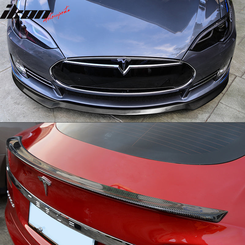 IKON MOTORSPORTS, Front Bumper Lip & Trunk Spoiler Compatible With 2012-2016 Tesla Model S, IKON Style Front Lip Spoiler, Factory Style Rear Spoiler Wing, Real Carbon Fiber, 2013 2014 2015