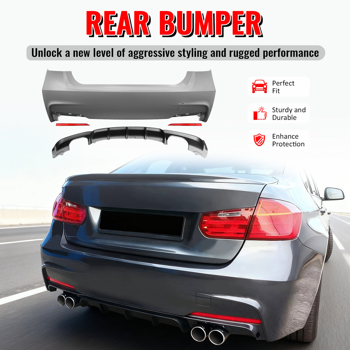 Fits 12-18 BMW F30 3 Series M Performance Style Rear Bumper Cover W/Diffuser PP