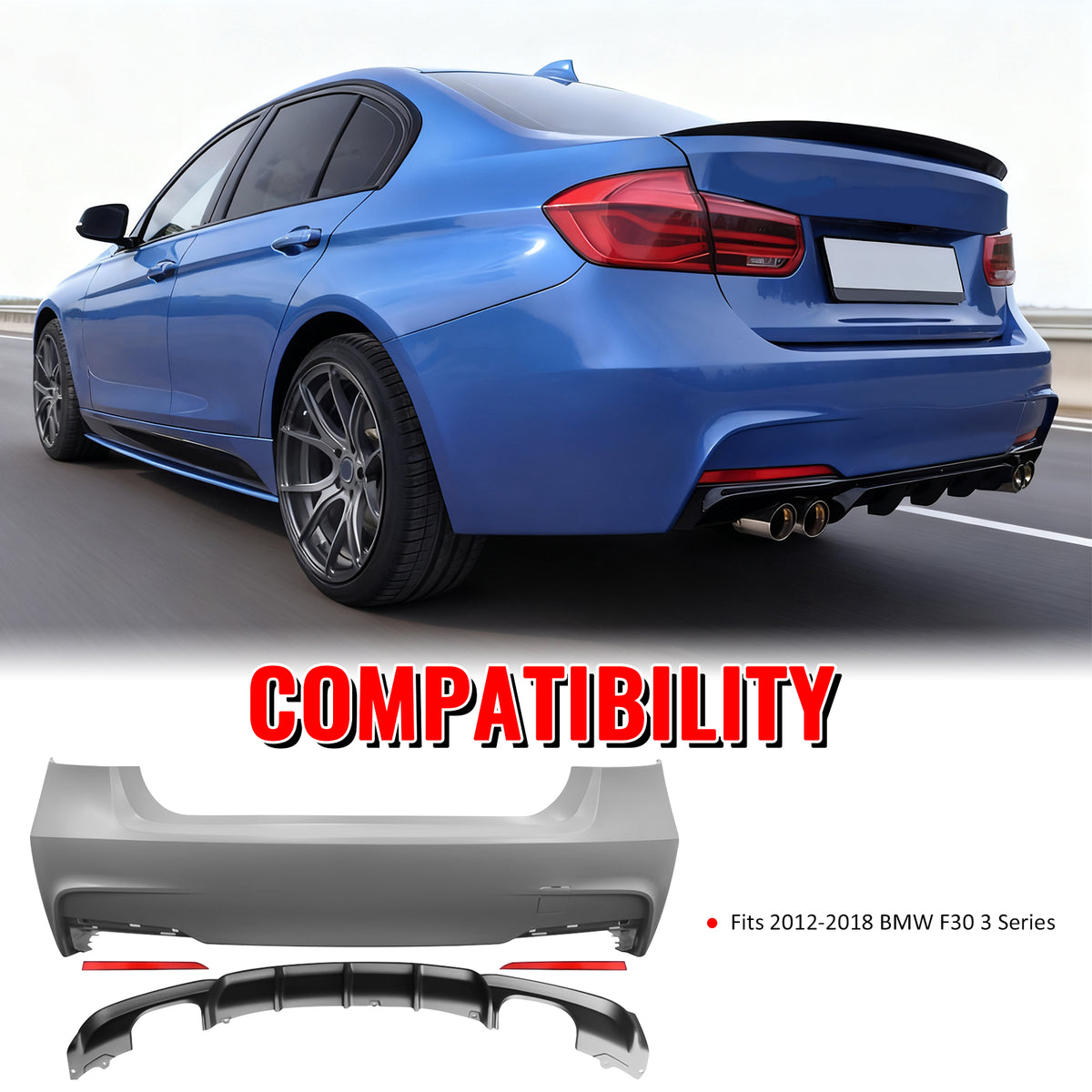 Fits 12-18 BMW F30 3 Series M Performance Style Rear Bumper Cover W/Diffuser PP