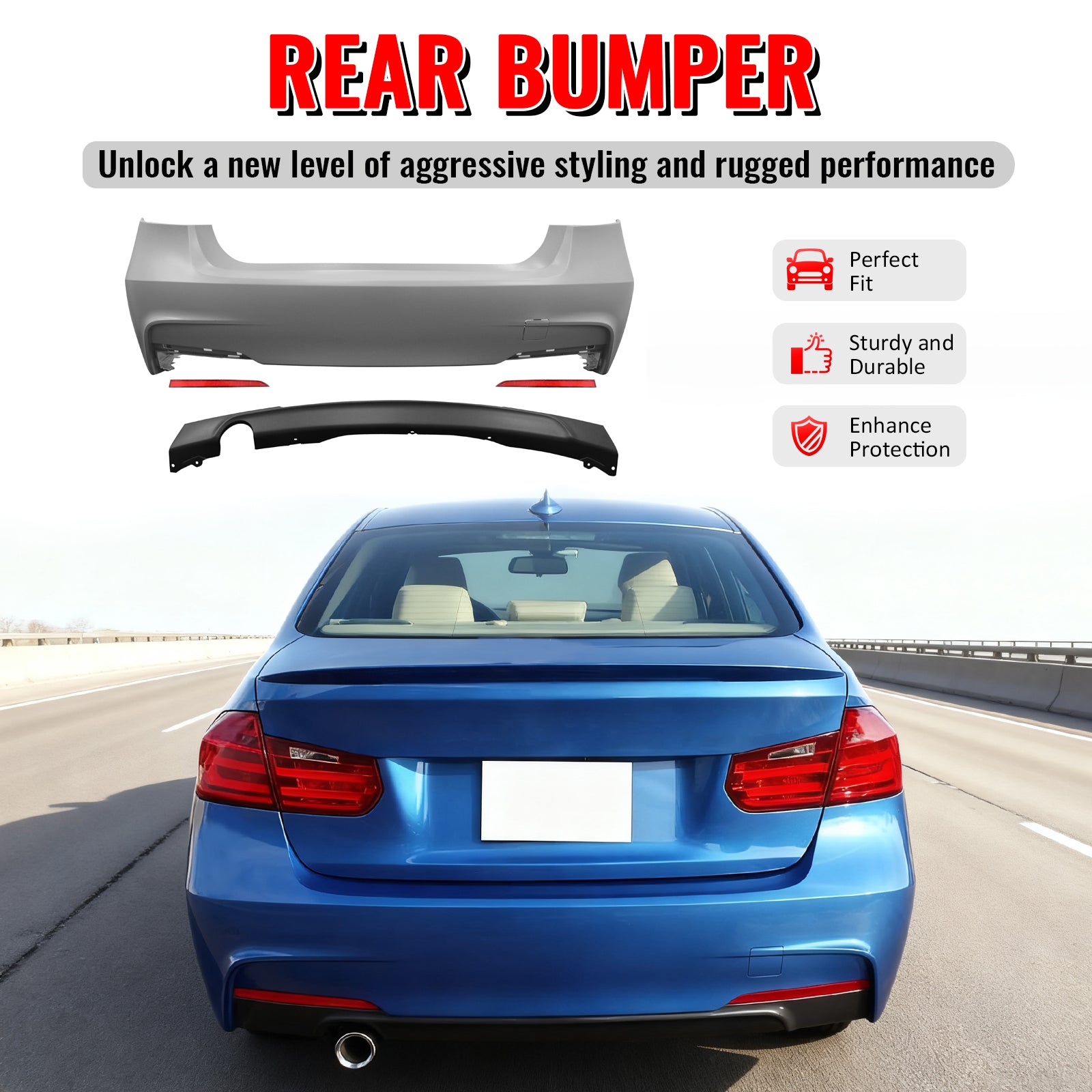 Fits 12-18 BMW F30 F35 3 Series Rear Bumper Cover Replacement W/Diffuser PP