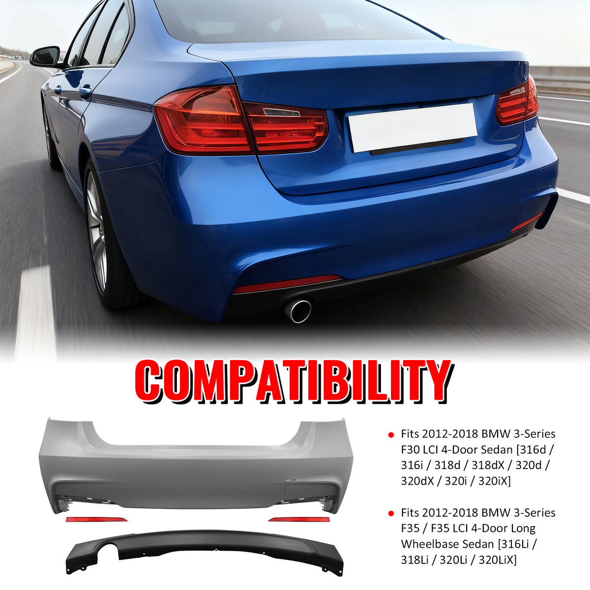 Fits 12-18 BMW F30 F35 3 Series Rear Bumper Cover Replacement W/Diffuser PP