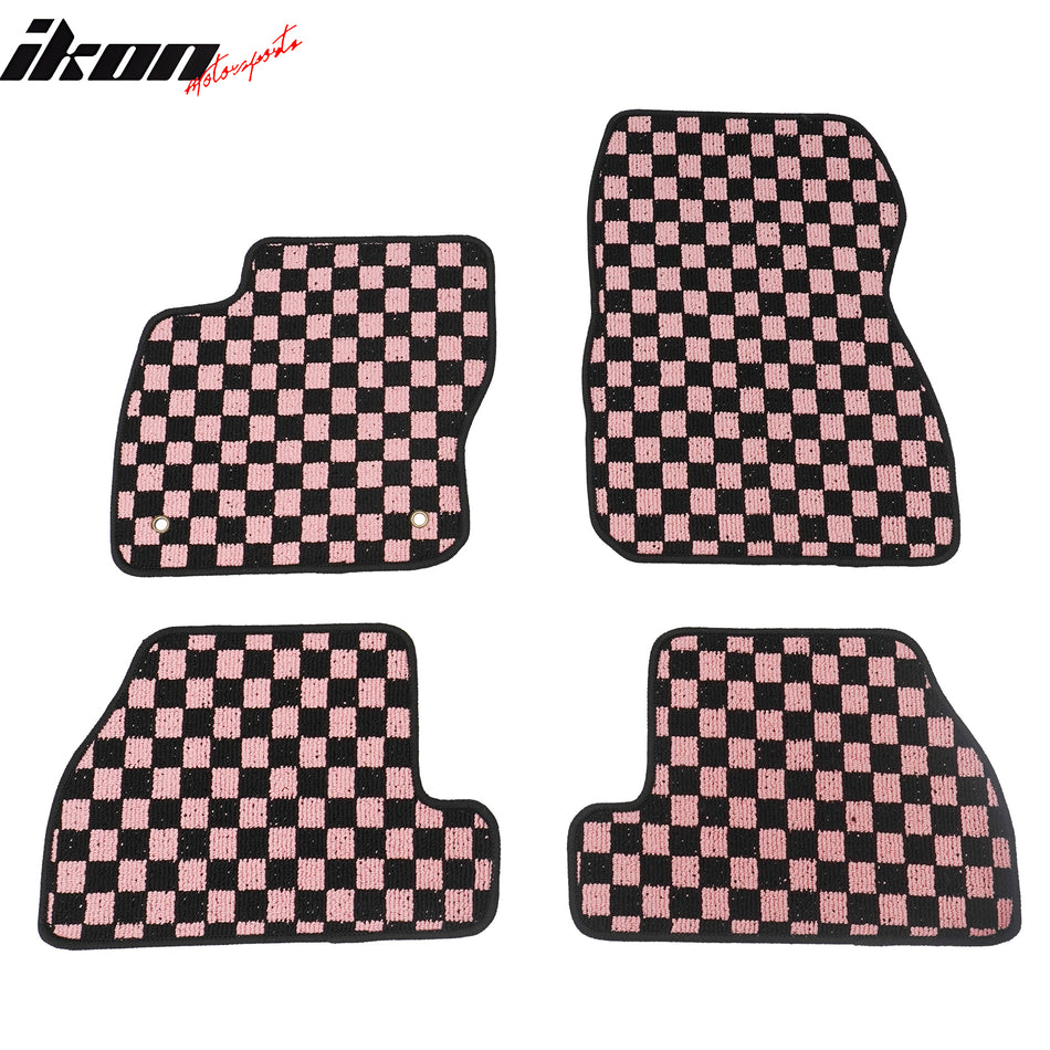 Front Rear Full Set Waterproof Floor Mats for Ford Focus 2012-2018 Black Pink Plaid Checkered Carpets PP & Loop Pile Surface & TPE Backing 4PCS