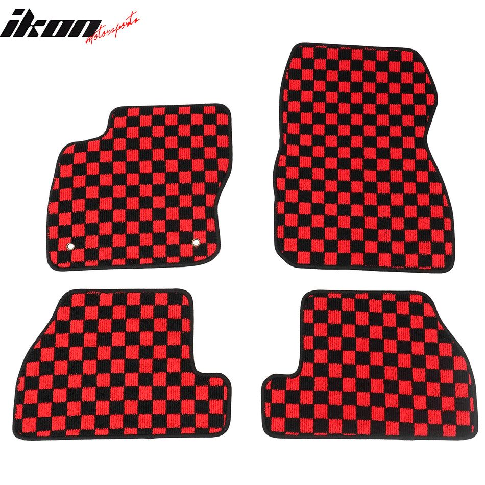 Front Rear Full Set Waterproof Floor Mats for Ford Focus 2012-2018 Black Red Plaid Checkered Carpets PP & Loop Pile Surface & TPE Backing 4PCS