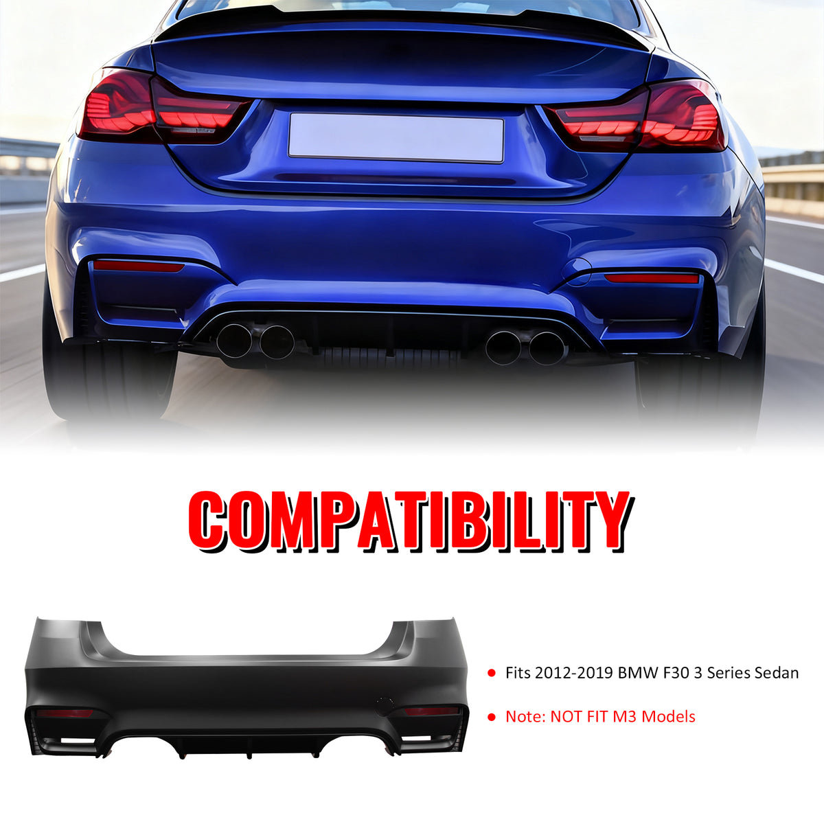 Fits 12-19 BMW F30 3-Series Sedan M3 M4 Style Rear Bumper Cover Replacement PP