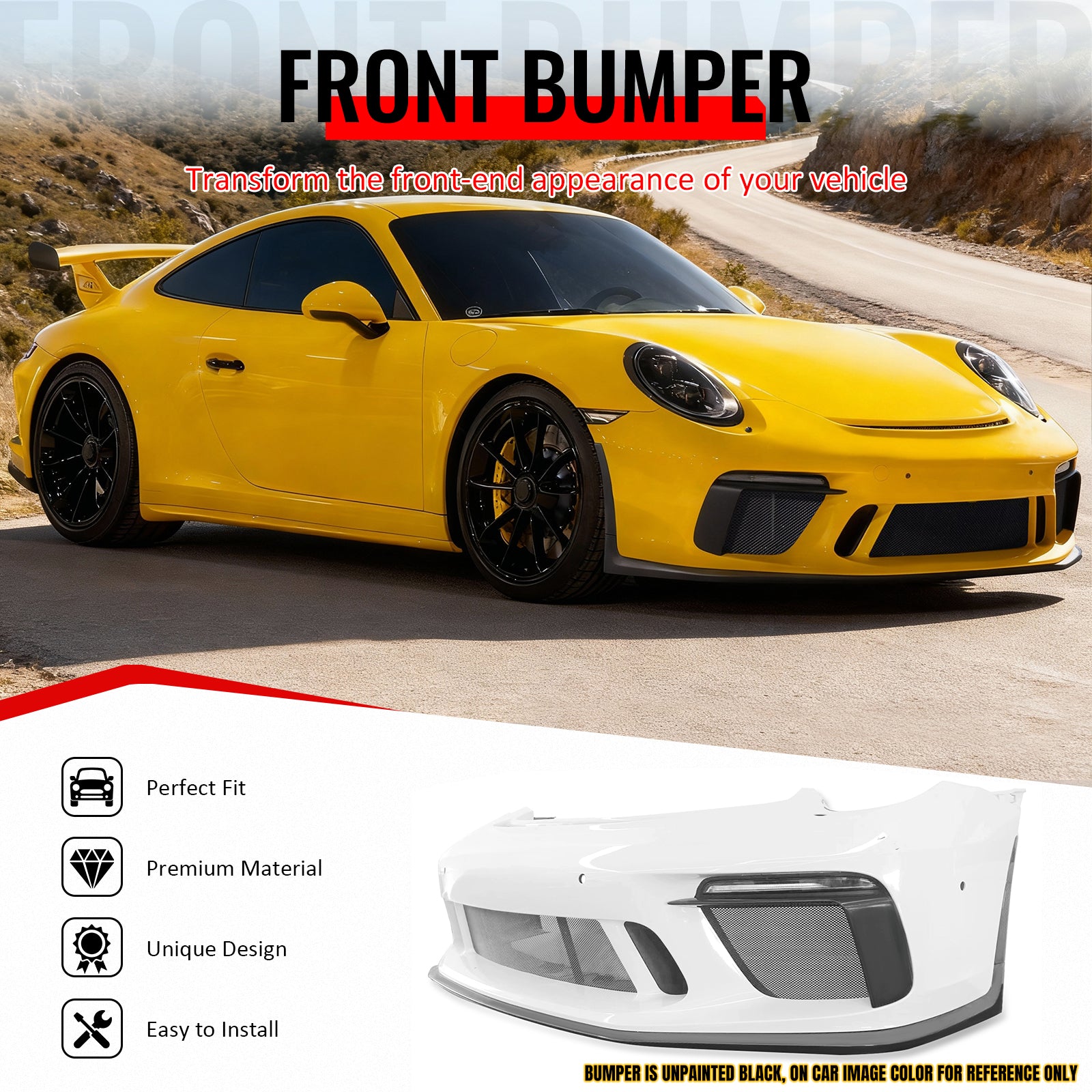 IKON MOTORSPORTS Front Bumper Covers, Compatible with 2012-2019 Porsche 911 (Upgrade 991 to 991.2), GT3 Style Unpainted Black PP Replacement Bumper Conversion Bodykit with Daytime Running Light