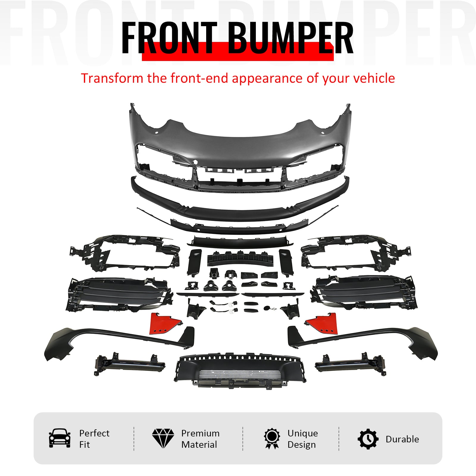 IKON MOTORSPORTS Front Bumper Covers, Compatible with 2012-2019 Porsche 911 (Upgrade 991 to 992), Turbo SD Style Unpainted Black PP Replacement Bumper Conversion Bodykit with Daytime Running Light