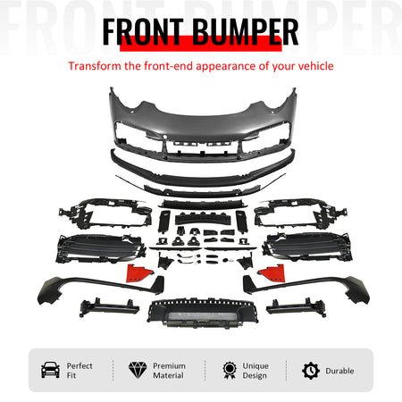 IKON MOTORSPORTS Front Bumper Covers, Compatible with 2012-2019 Porsche 911 (Upgrade 991 to 992), Turbo SD Style Unpainted Black PP Replacement Bumper Conversion Bodykit with Daytime Running Light