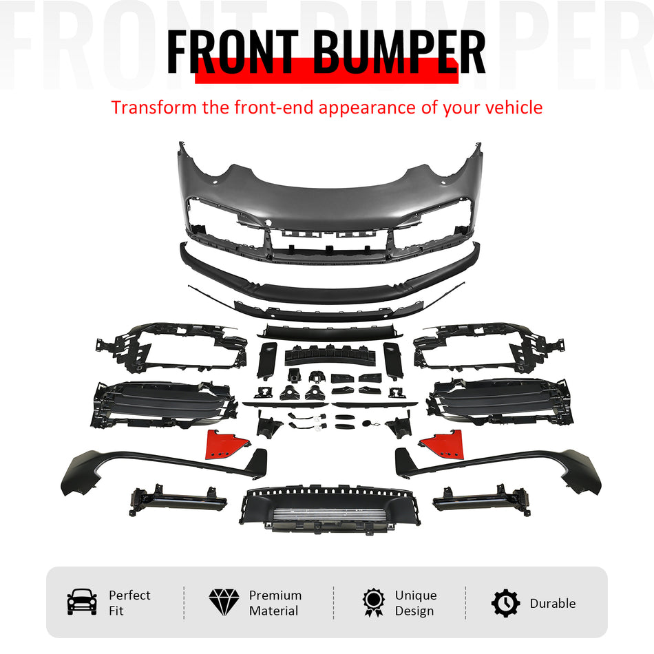 IKON MOTORSPORTS Front Bumper Covers, Compatible with 2012-2019 Porsche 911 (Upgrade 991 to 992), Turbo SD Style Unpainted Black PP Replacement Bumper Conversion Bodykit with Daytime Running Light