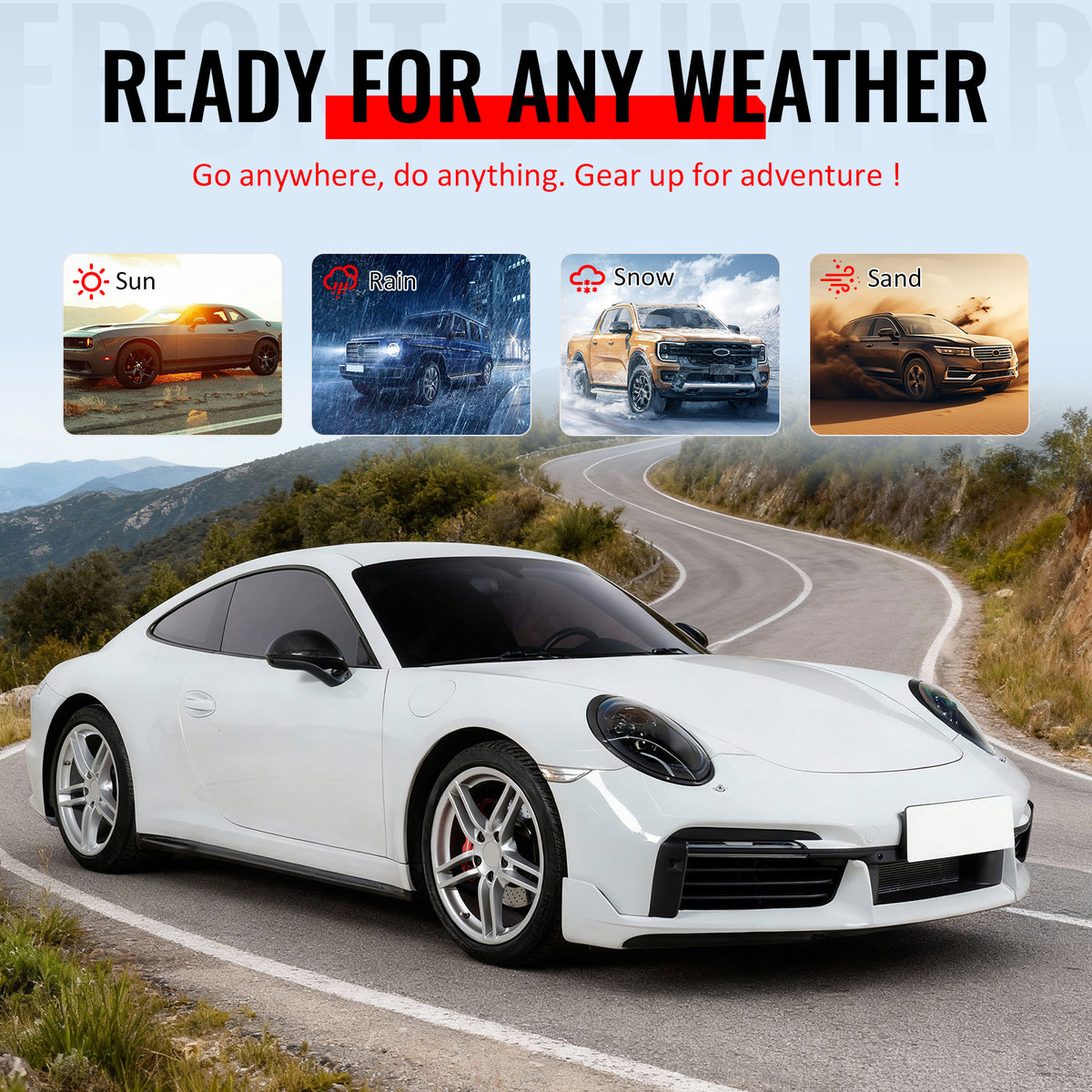 For 12-19 Porsche 911 Turbo SD Style Front Bumper Cover + DRL Upgrade 991 to 992