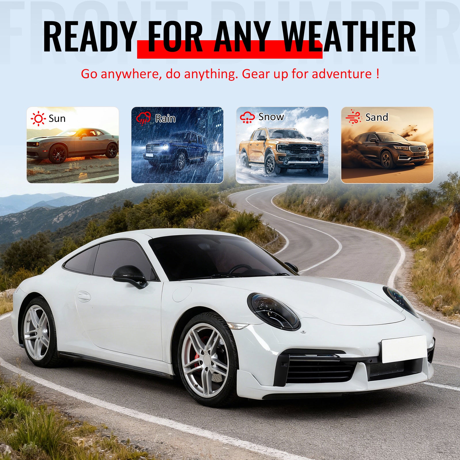 For 12-19 Porsche 911 Turbo SD Style Front Bumper Cover + DRL Upgrade 991 to 992