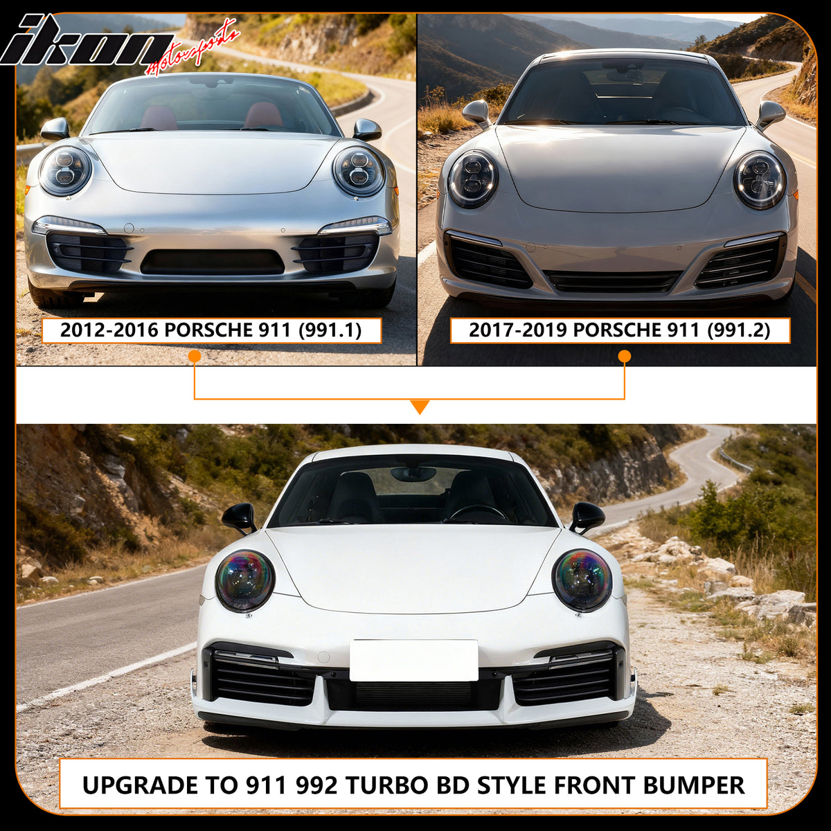 For 12-19 Porsche 911 Turbo SD Style Front Bumper Cover + DRL Upgrade 991 to 992