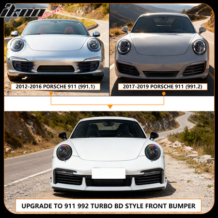 For 12-19 Porsche 911 Turbo SD Style Front Bumper Cover + DRL Upgrade 991 to 992