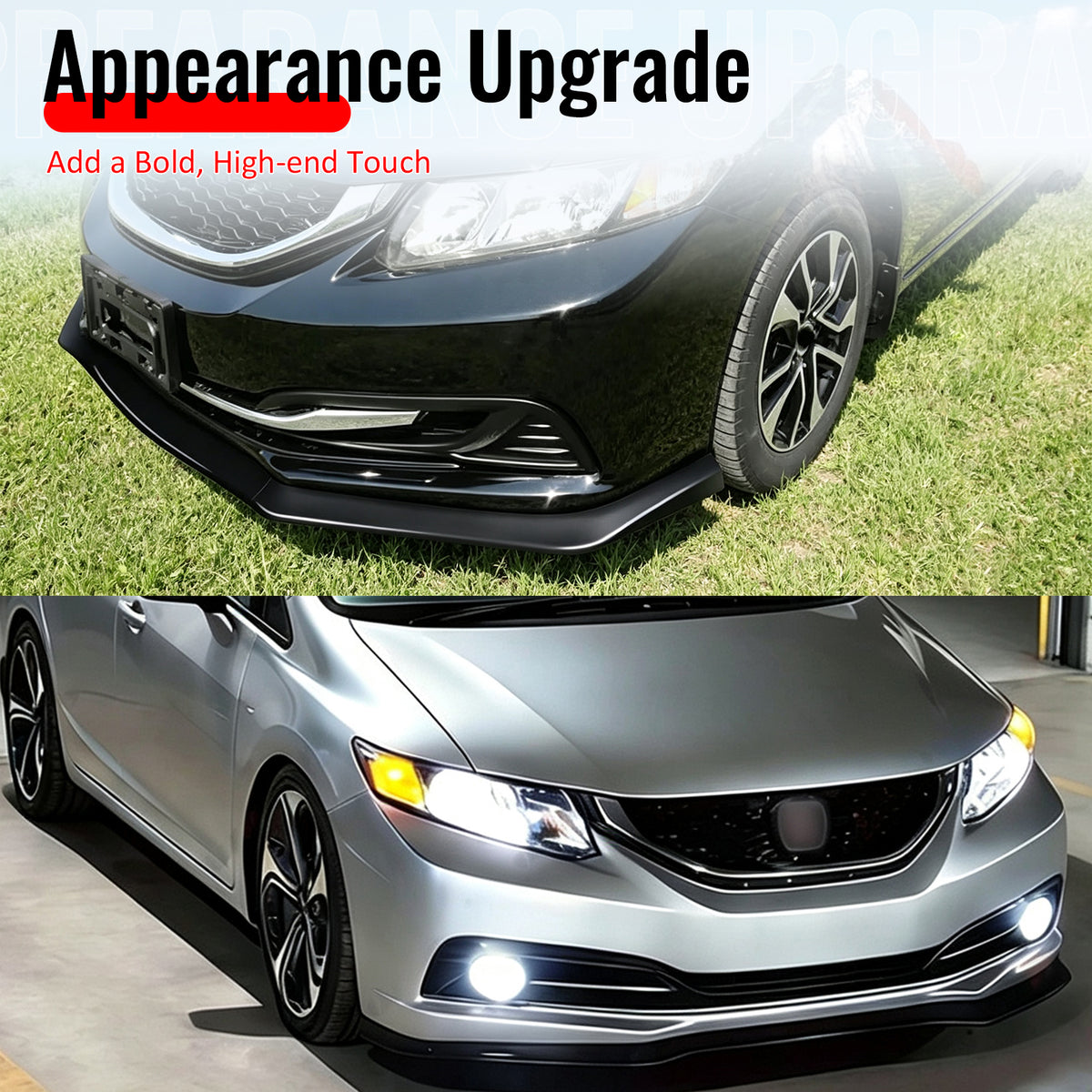 For 13-15 Honda Civic Sedan GT Style Front Bumper Lip Spoiler Matte Black PP 3PC