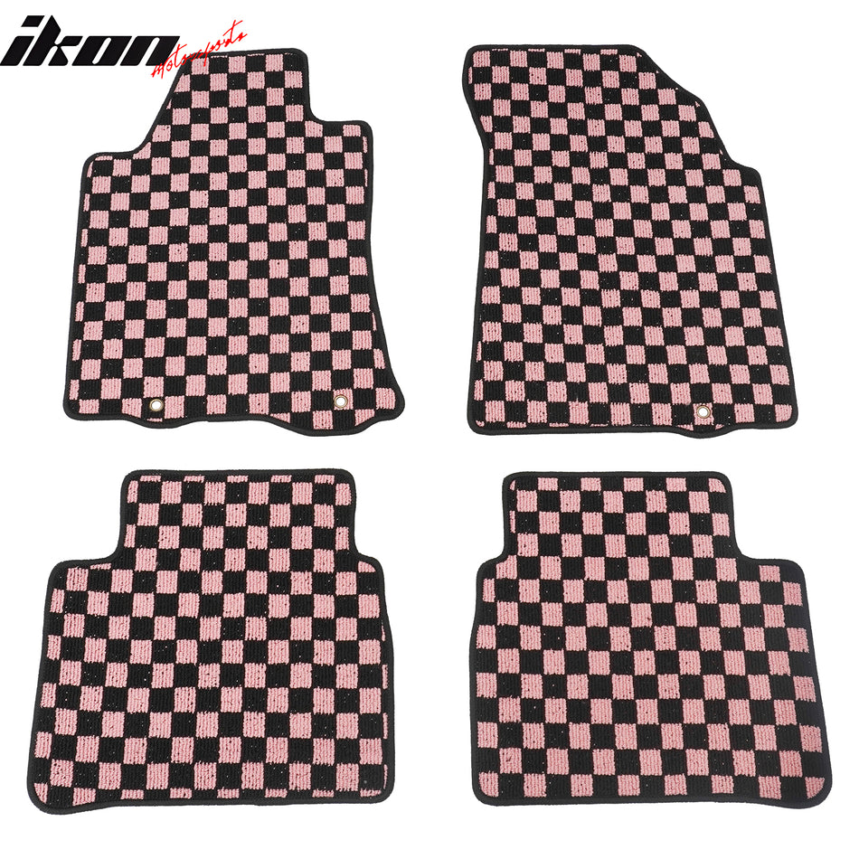 Front Rear Waterproof Floor Mats for Nissan Altima Sedan 4-Door 2013-2018 Black Pink Plaid Checkered Carpets PP & Loop Pile Surface & TPE Backing 4PCS