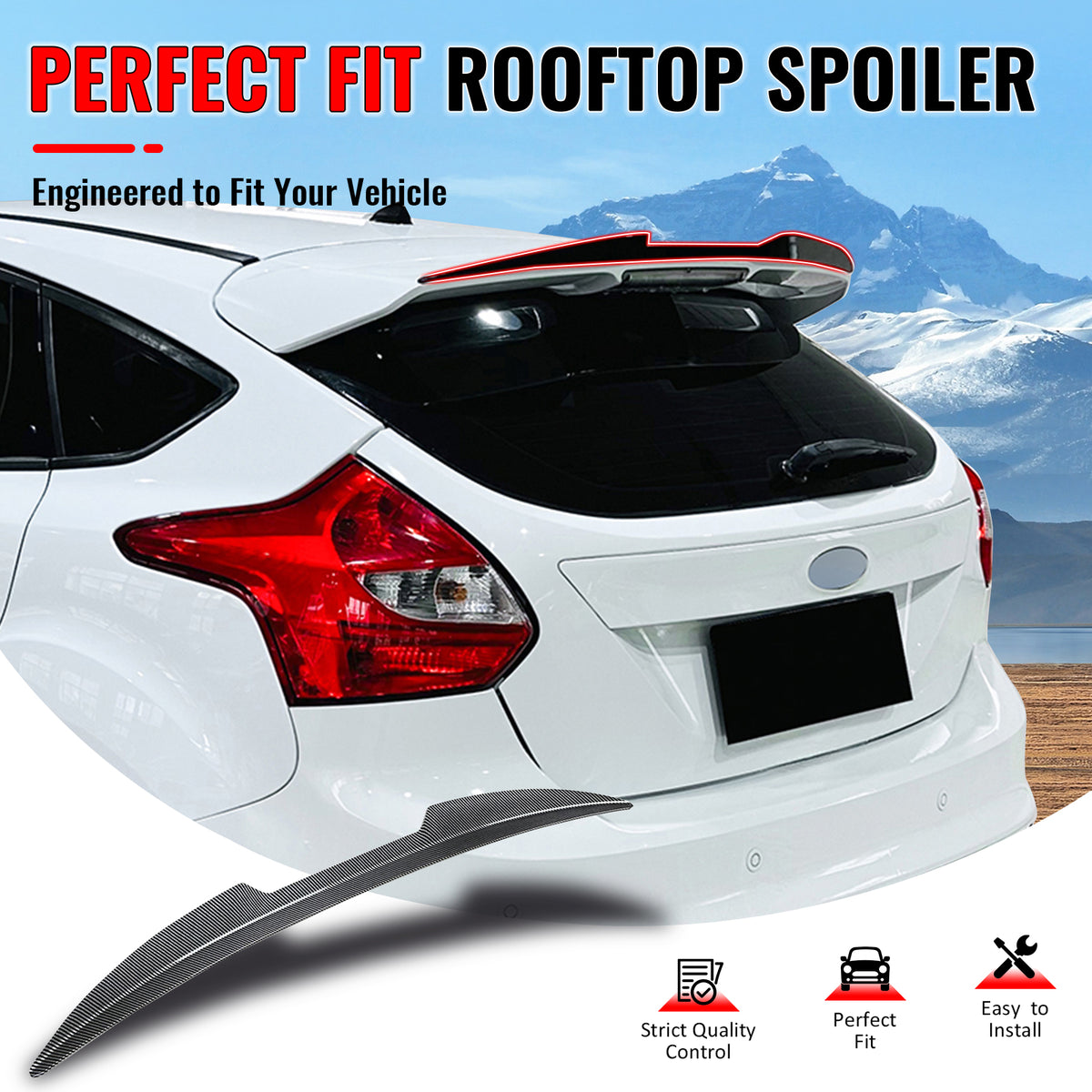 IKON MOTORSPORTS, Rear Window Roof Spoiler Compatible with 2013-2018 Ford Focus ST, V Style Painted Carbon Fiber Print ABS Plastic Top Roofline Windshield Visor Spoiler Wing